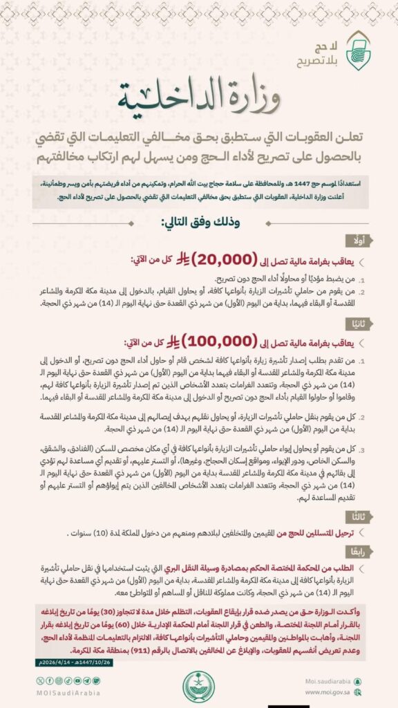 وزارة الداخلية السعودية تعلن عقوبات صارمة على أداء الحج دون تصريح